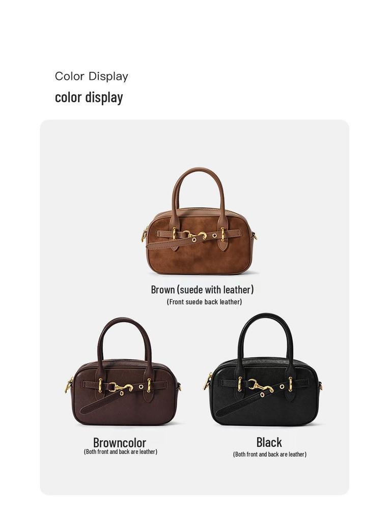 Exklusiv Retro Boston Bowling Handväska i Äkta Läder - Snygg Axelremsväska & Pendlarväska för Kvinnor