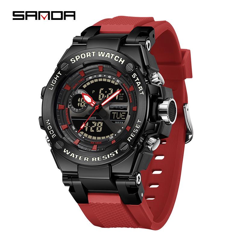 Sanda Dual-Display Leuchtende Wasserdichte Schüleruhr mit 3 Zeitzonen.