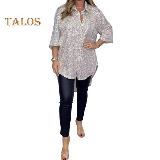 Damesblouse Revers Halve Mouw Enkelrijige Knoopsluiting Blouse Losvallend Pailletten Tops Middellang Design Casual Blouse