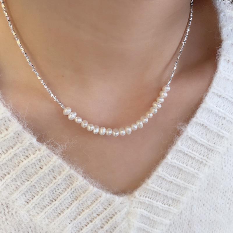 S925 Sterling Silver Natural Pearl Textured Beads French Necklace for Women - Elegant, Luxury Korean Design 925 Silver