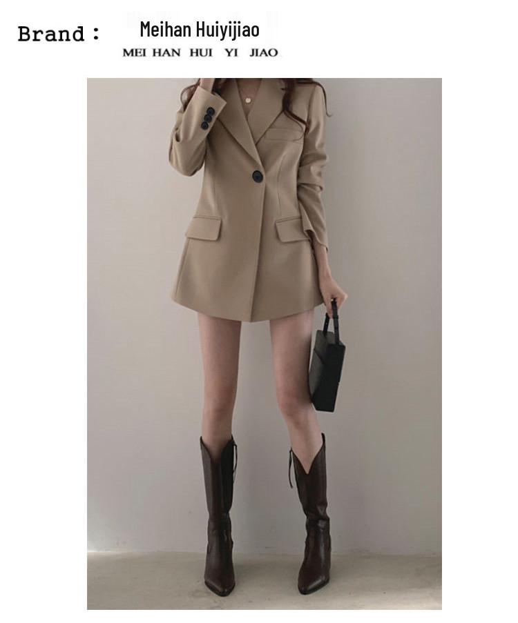 Women's Khaki Slim-Waist Suit Jacket - Korean & Hong Kong Style, Retro, Medium-Long for Spring & Autumn