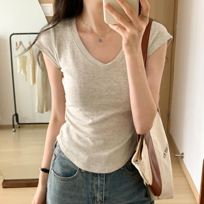 Summer Hot Girls Irregular V-neck Pure Desire Style Base Short-sleeved T-shirt Design Feel Waist-hugging Slim Short Top