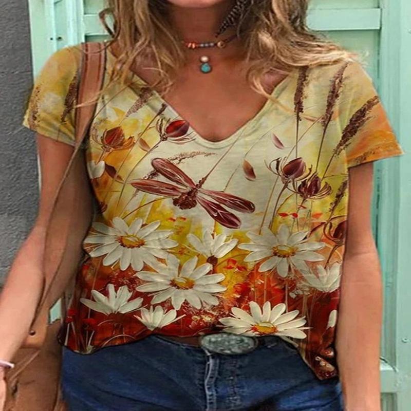 T-skjorte med V-hals for kvinner Street Trend Fritidsskjorte 3d-trykk Allsidige klær Løs mote Komfortabel halvermet