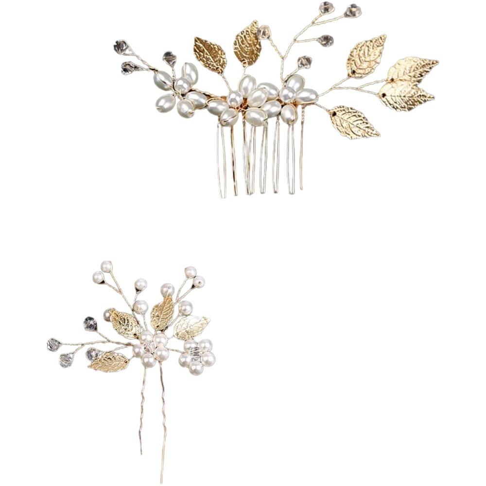 4 יחידות/סט סיכות שיער פרח פנינה, סטים של מסרקות שיער לכלה, אביזרי שיער לחתונה, נזרים מסגסוגת עלה זהב, קליפס שיער נסיכה, תכשיטי אופנה