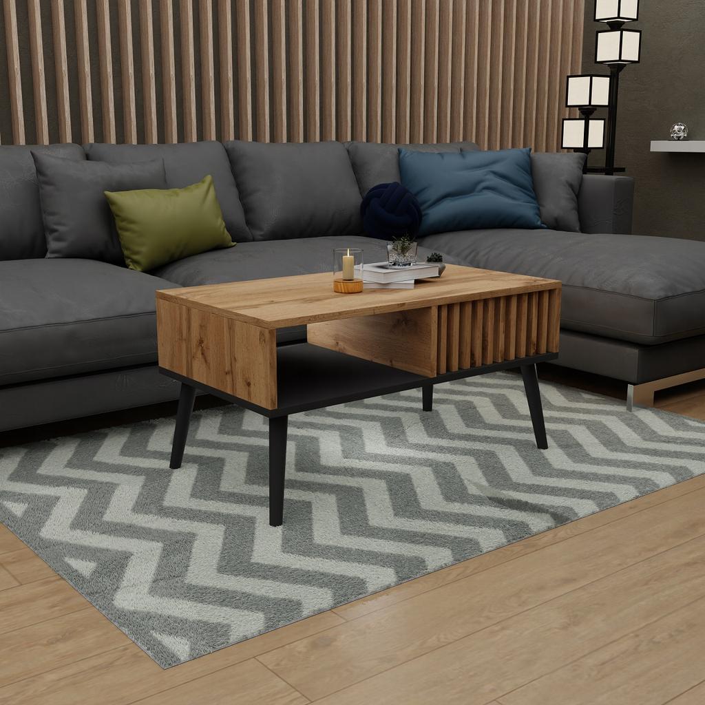 Scandinavian coffee table, oak lamellas/black, loft table with shelf