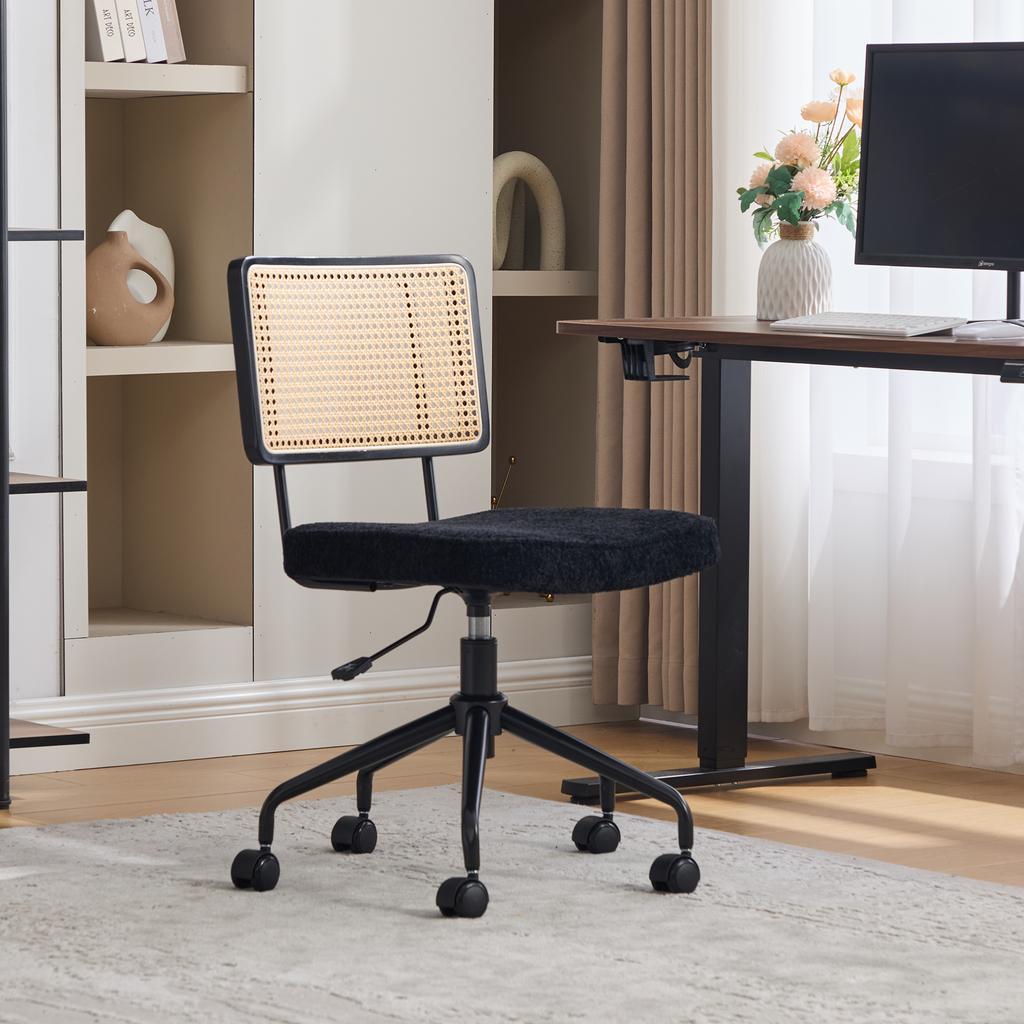 Vintage Rattan Office Chair with Wheels - Adjustable Swivel Desk Chair with Chenille Fabric Seat & Wooden Frame for Home Office, Living Room-Black