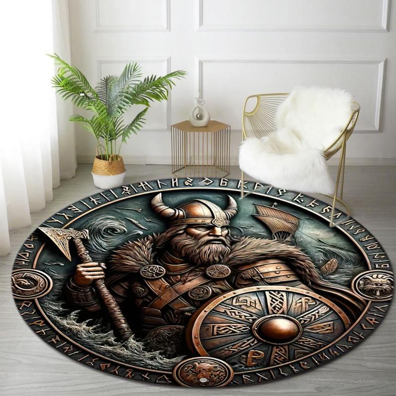 1Pc Viking theme Printed circular carpet, home door mat, outdoor travel protection carpet A12