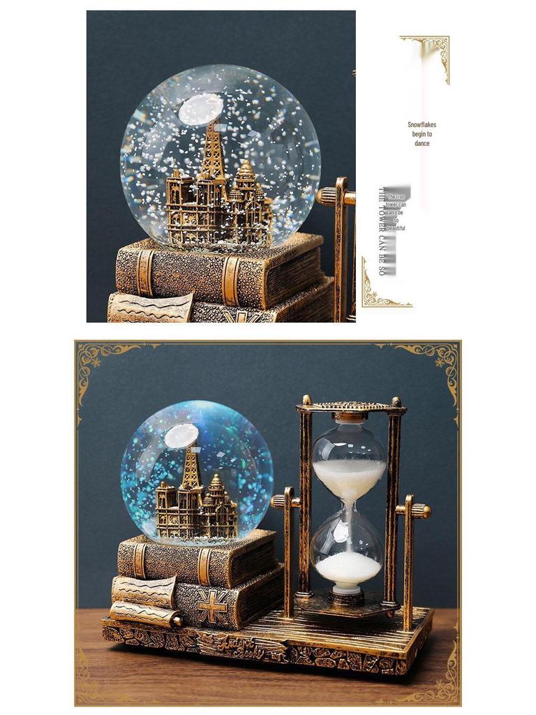 Retro Iron Tower Music Box with Luminous Crystal Ball Hourglass - Perfect for Desktop Ornament or Small Gift for Graduation, Qixi, or Valentine's Day.