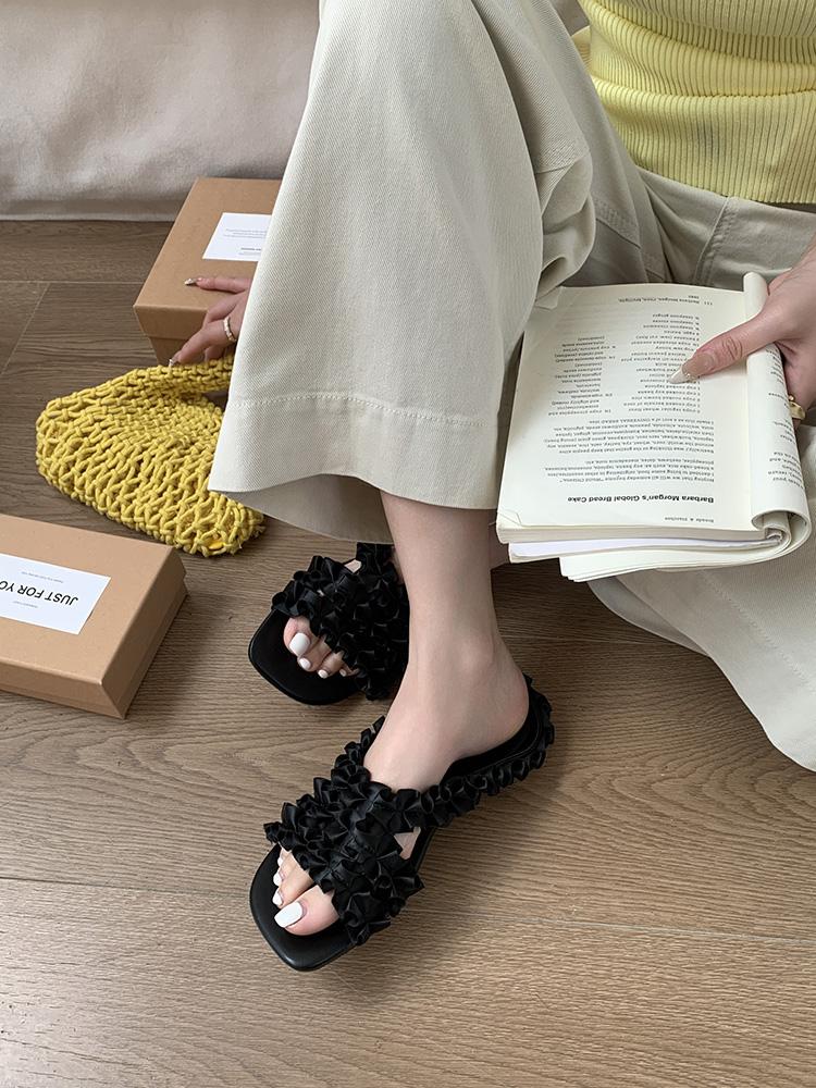 Fashion 2025 Summer Fancy Flower Lace Beach Slides For Woman Mules Outdoor Slippers Bohemian Sandals Desinger Shoes Zapatos De Mujer