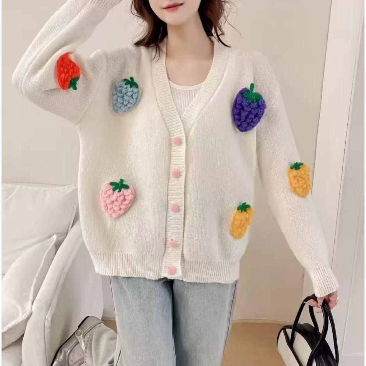 

Strawberry Gentle and Sweet Knitted Sweater Cardigan Jacket Women s Autumn Thickened Outer Long-sleeved Top One Size