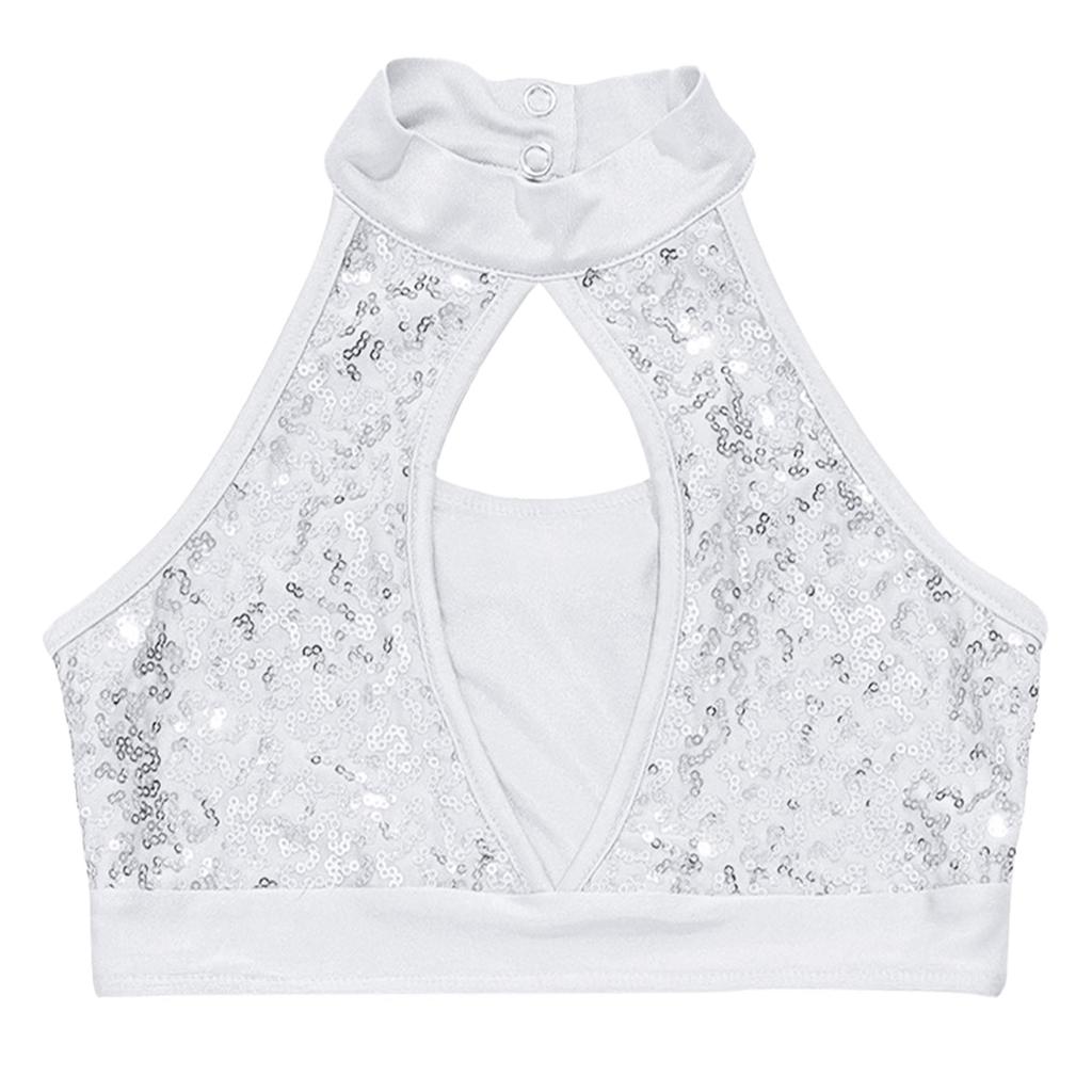 Girls Sleeveless Mock Neck Crop Top Sequin Patchwork Hollow Front Keyhole Back Dancewear