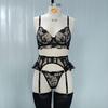Lace Floral Embroidered Mesh Sheer Garter Belt Stockings Set With Bow Women Sexy Lingerie