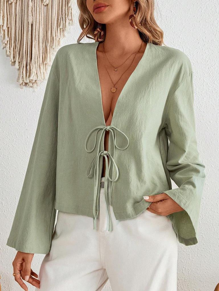 2025 Lace-Up V-Neck Long-Sleeve Top: European & American Cross-Season Casual Women's Fashion