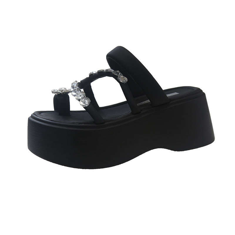 Fashion cover with skirt, toe rhinestone high-heeled sandals for women's summer wear 2025 new muffin thick-soled heightening cool slippers