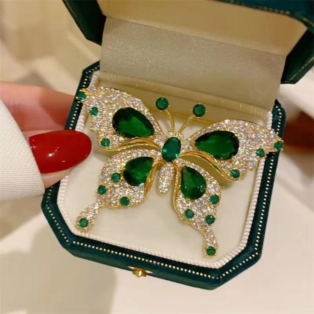 Retro Green Butterfly Brooch Rhinestone Butterfly Brooches Green Butterfly Suit Collar Pin  Girls
