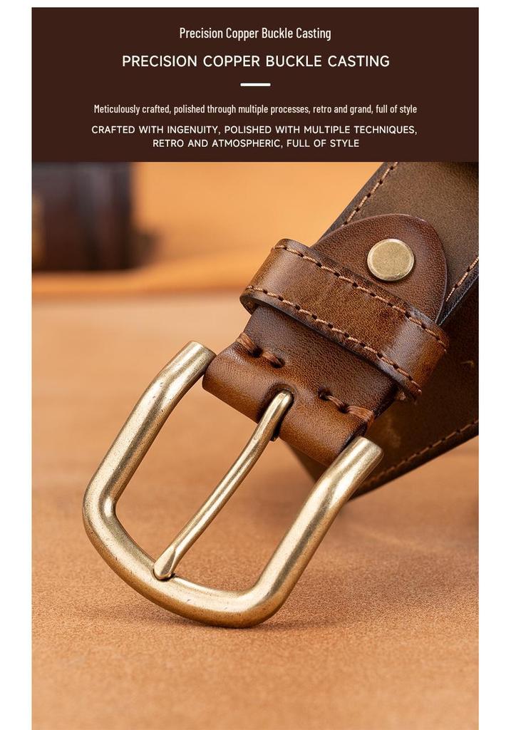 Men's Genuine Leather Retro Belt - Top Layer Cowhide, Vegetable-Tanned, Pin Buckle, Versatile for Middle-aged and Young.