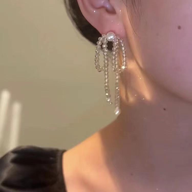 Simple super fairy temperament crystal bow fringed stud earrings female versatile girl design earrings earrings