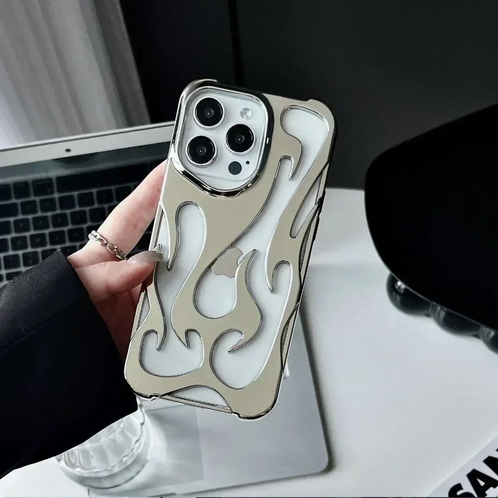 Hollowed Fire Flame Pattern Case For iPhone 17 Air 16 15 14 13 12 11Pro Max Plus 3D Fashion Cool Orange Electroplated Soft Cover