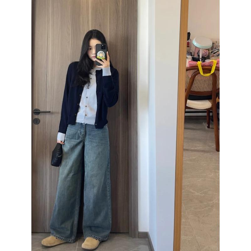 Single-breasted coat top women's spring and autumn contrasting color long-sleeved sweater front shoulder fake two-piece knitted cardigan