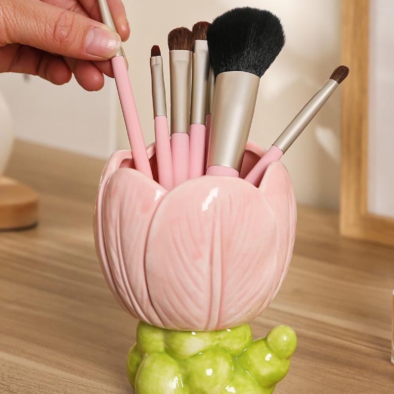 1 Stück Keramik Tulpenblume Make-up Stifthalter Aufbewahrungsbox Schreibtischdeko Blumenvase Arrangement Wohnzimmer Schreibtischdeko Schreibwarenregal