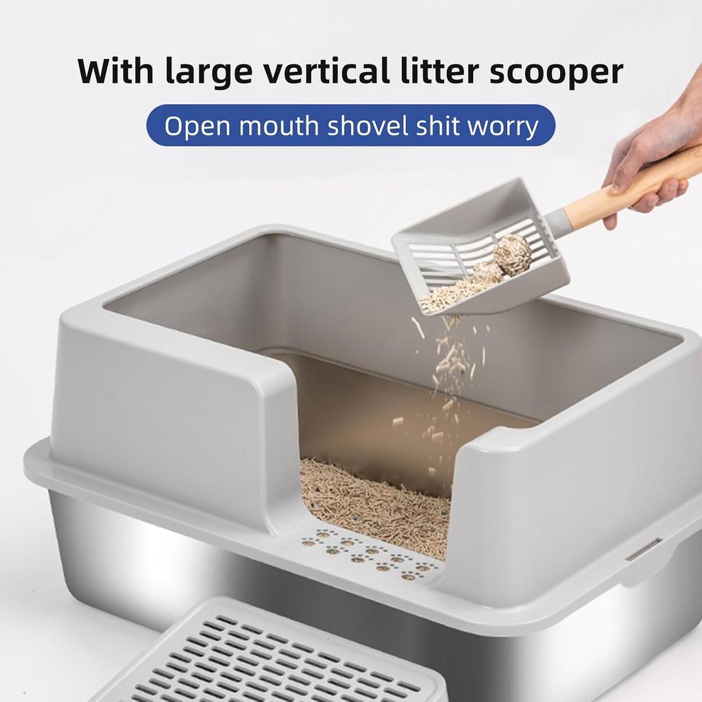 Extra Large Stainless Steel Cat Litter Box High Side Anti-Leak Litter Tray With Secure Lid And Litter Scoop