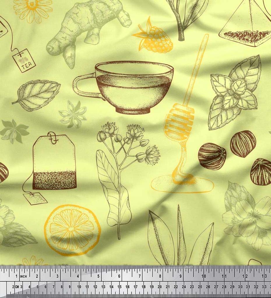 Soimoi Blue Poly Crepe Fabric Tea Cup|Star Anise & Lemon Slice Vegetable Fabric Prints By Yard 42 Inch
