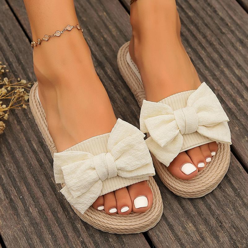 Fashion Women's Beige Bowknot Decor Flat Slippers Lightweight Non Slip Outdoor Beach Slides for Woman Comfort One Strap Casual Slippers
