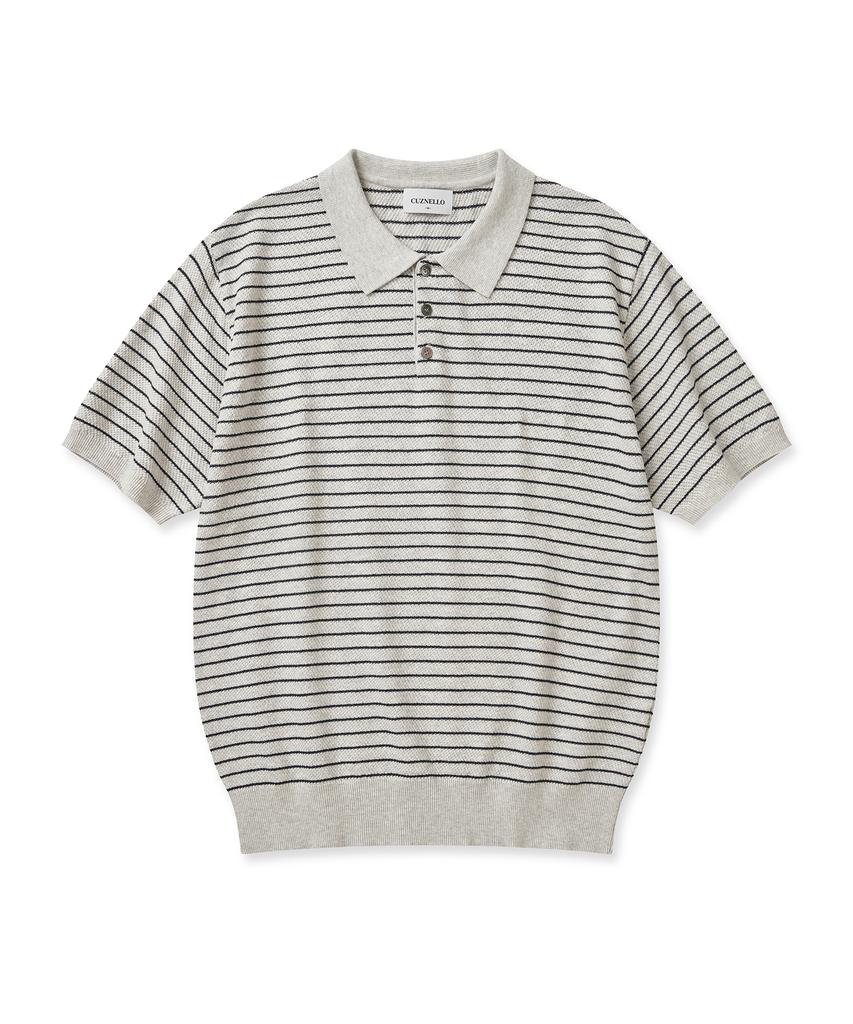 CUZNELLO Cool Cotton Striped Polo Short Sleeve Knit_Oatmeal