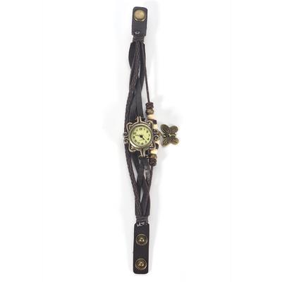Geflochtenes PU-Armband Quarz-Analog-Uhr Armbanduhr mit Schmetterlingsanhänger (Kaffeegurt)
