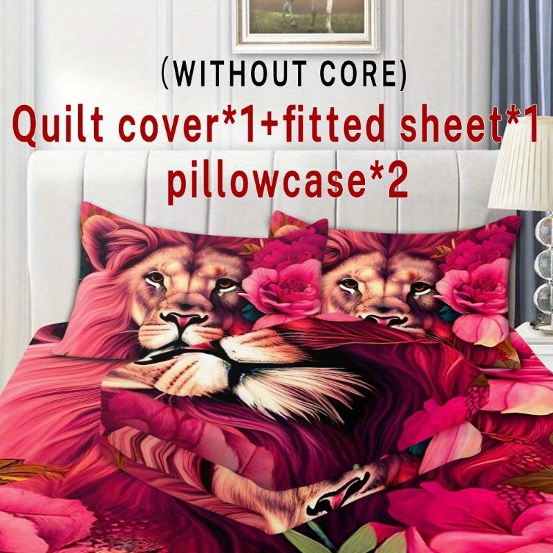 4pcs Flower Lion Pattern All-in-one Duvet Cover SetSoft Breathable Stylish Bedding for Your Bedroom or Guest Room - All-Season