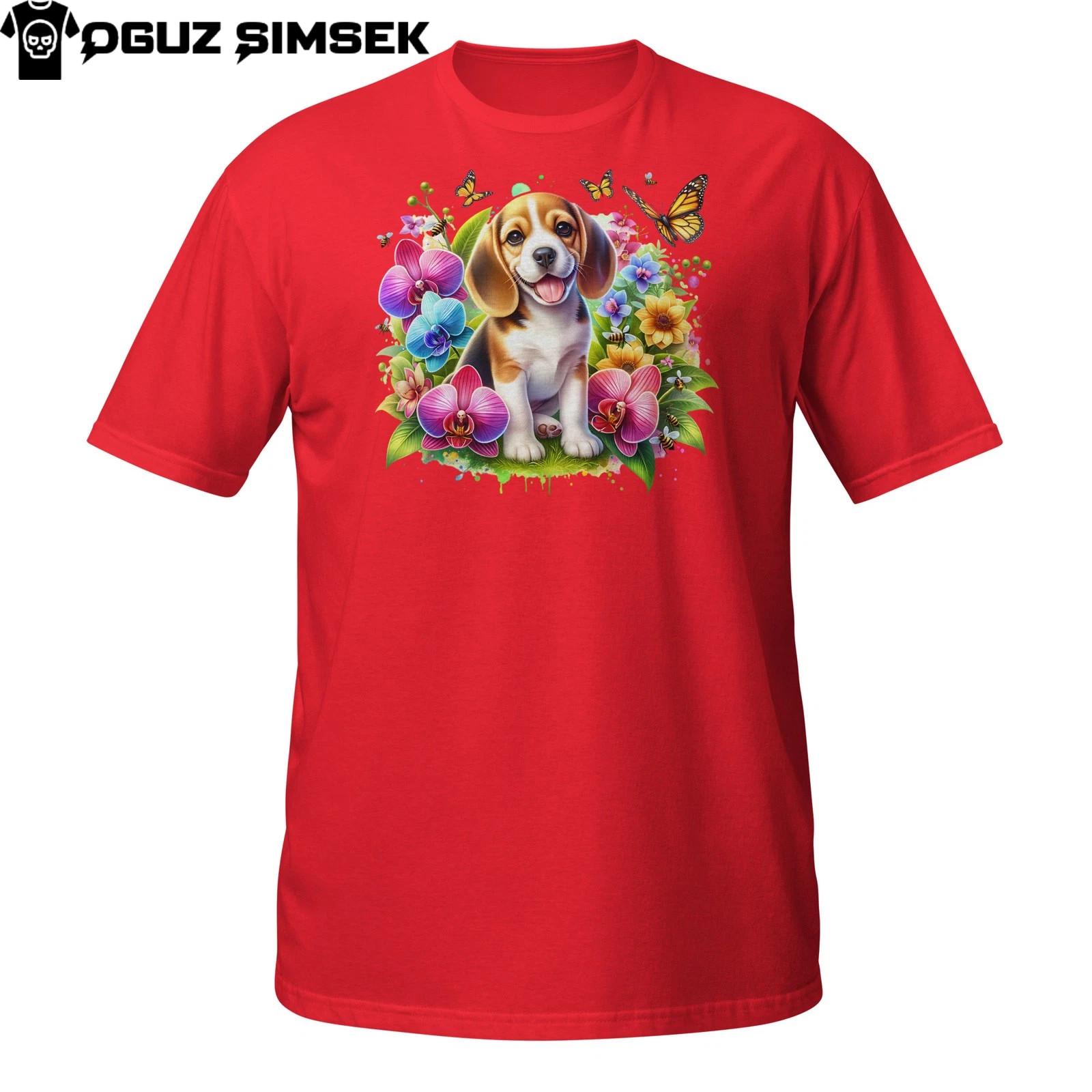 Beagle Puppy T-Shirt Mens Womens Tees Top – Cute Dog Surrounded by Colorful Flowers and Butterflies M