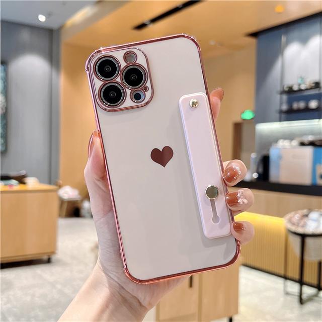 Korean Cute Electroplate Love Heart Wrist Strap Case For iPhone 14 13 Mini 12 11 Pro Max X XS XR 7 8 Plus Shokcproof Stand Cover