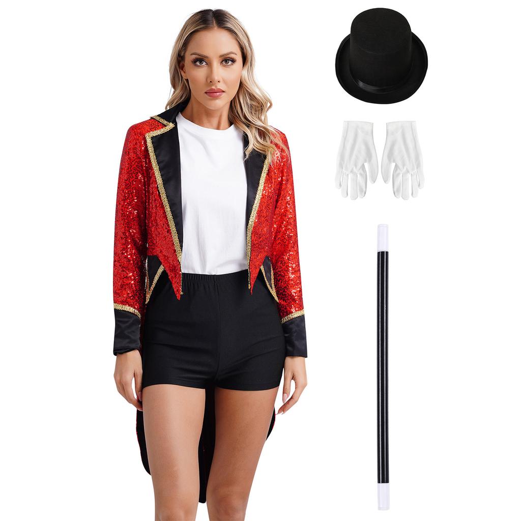 Womens Ringmaster Sequin Tailcoat Set Bowler Hat White Gloves Magic Wand 4 Pieces Circus Halloween Costume