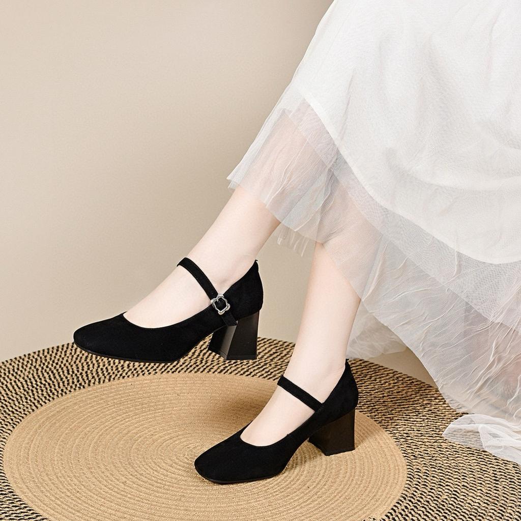 Square Head High Heels Women's Spring New Black Light Mouth One-word Buckle Single Shoes Black Work Shoes Mary Jane Shoes