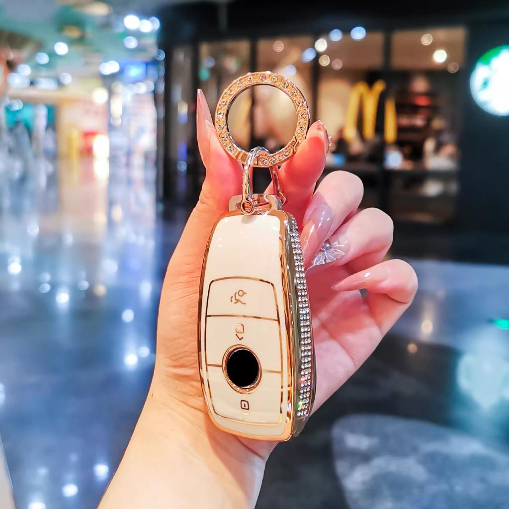 For Mercedes Benz Key Fob Cover, Bling Gold/Silver White Tpu Key Case With Keychain, Car Key Protector For C/E/S Class, Glc/Gle