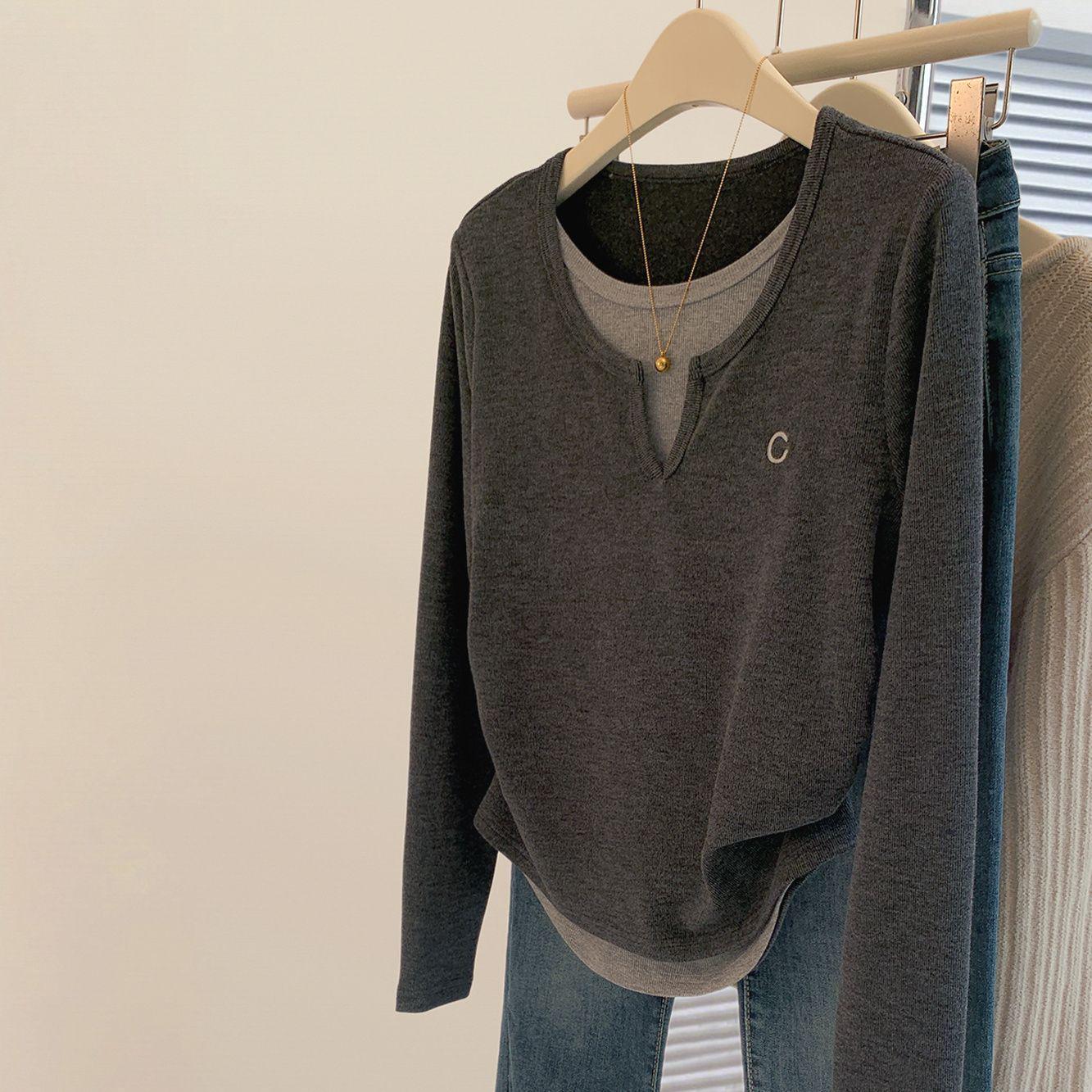 

Plus Size Women s Korean Style Slimming Two-Piece Stitch Long Sleeve T-Shirt for Autumn/Winter 3XL (Recommended 175-200 jin)