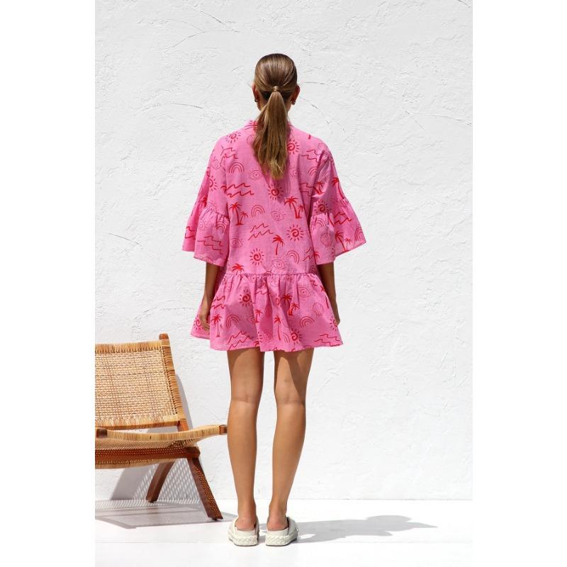 VEZFAA Women's Fashion Summer Spring 1/2 Sleeves POLO Neck Loose Waistline Casual Dresses