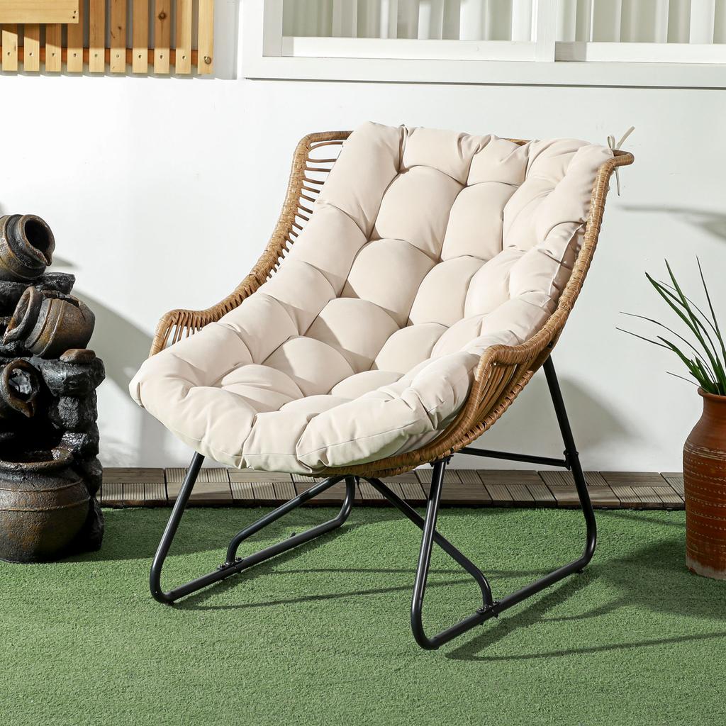 Gartenlounge, Rattan-Optik, Outdoor-Sessel, mit Kissen, Metallgestell, 75x101x90 cm, Natur/Khaki/Schwarz