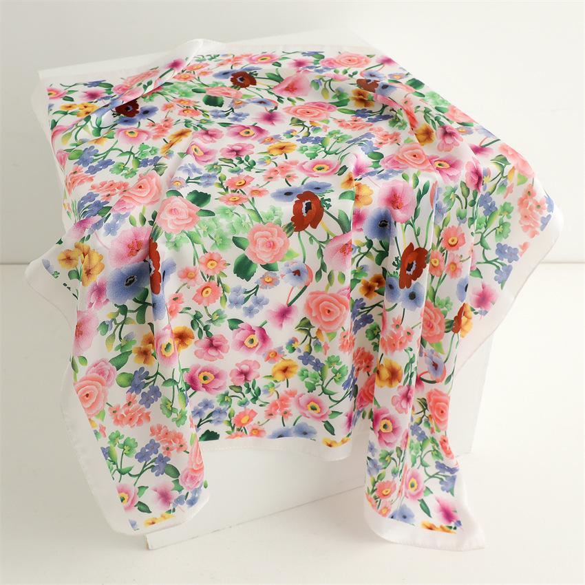 New Colored Flower Silk Scarf Sunscreen Shawl Sweet and Fresh Scarf Imitation Silk 71cm Square Scarf Professional Scarf Women