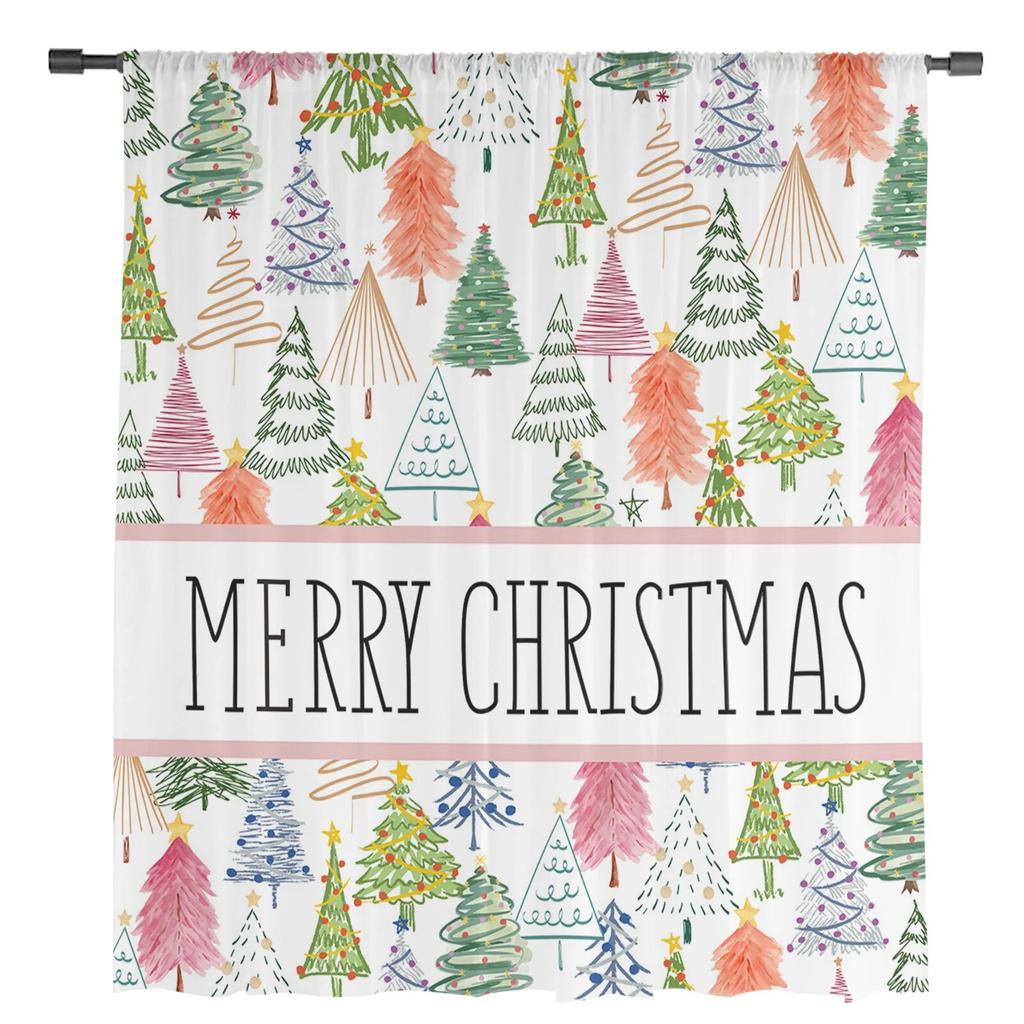 Christmas Christmas Tree Hand Drawn Sheer Curtains For Living Room Bedroom Tulle Curtain For Kitchen Voile Curtain Blind Panels