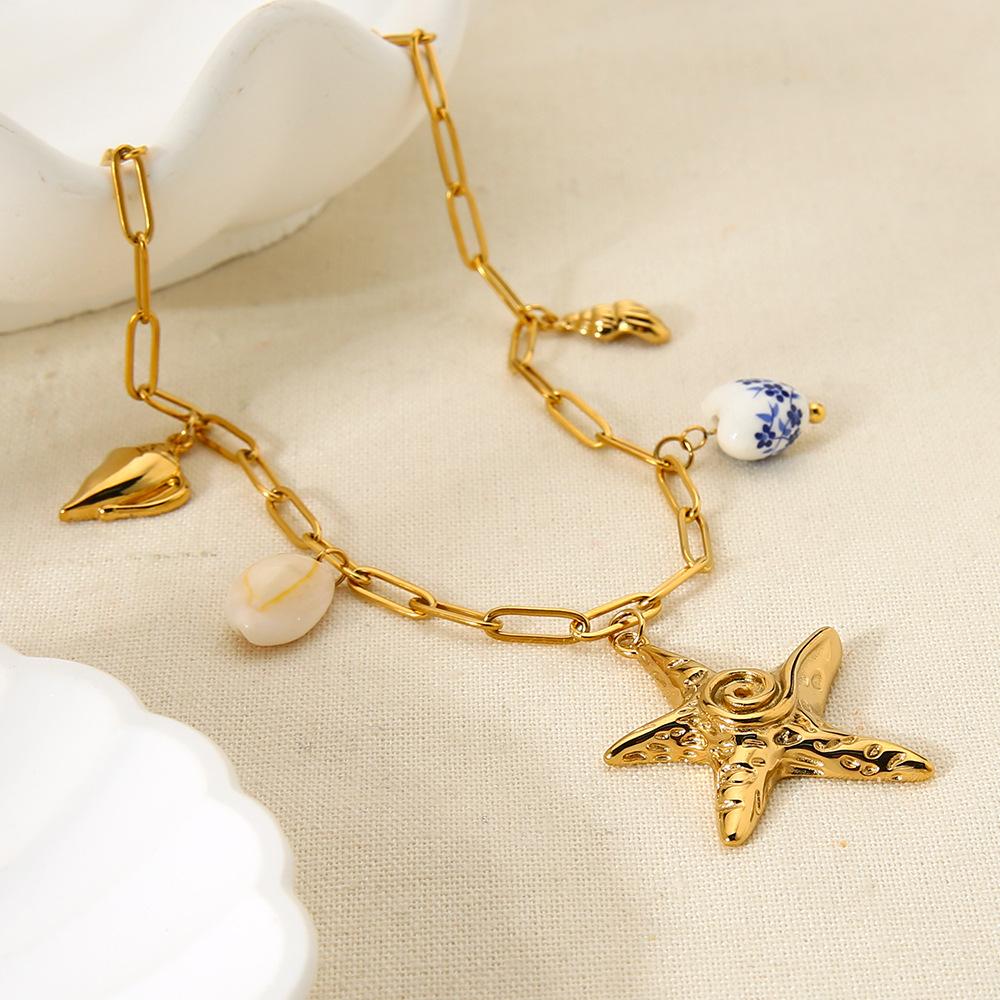 European and American Plated 18k Gold Starfish Shell Ceramic DIY Pendant Necklace Stainless Steel Necklace Women's Ocean Style Jewelry