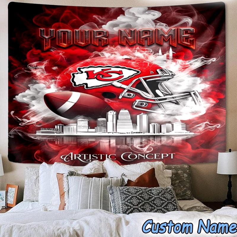 Benutzerdefinierter Name Kansas City Chiefs Helm Bedruckter Wandteppich, für Schlafzimmer, Wohnzimmer, Studentenwohnheim, Große Wanddekoration, Stoffdekoration Fan Geburtstagsgeschenke
