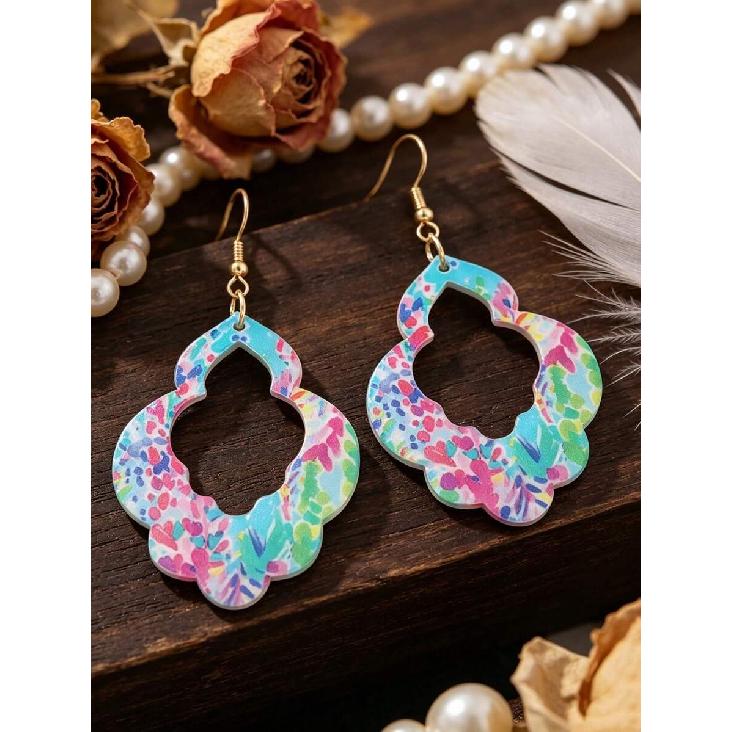 1 Pair Colorful Watercolor Print Hollow Acrylic Dangle Earrings, Exotic Geometric Openwork Design