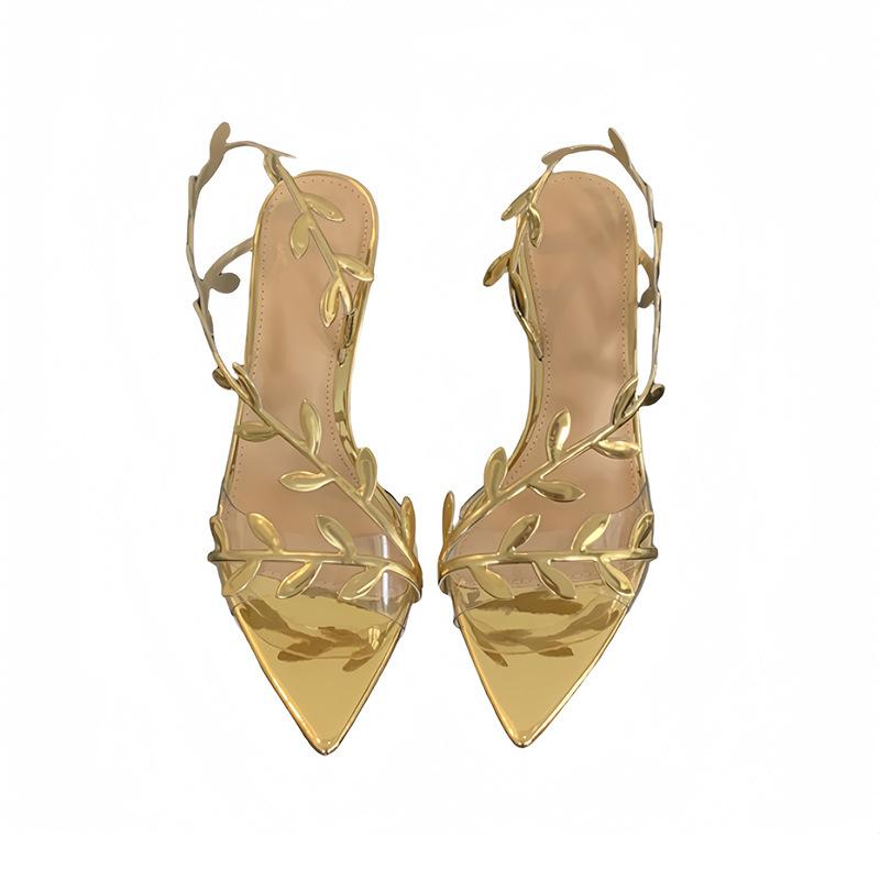 2025 Spring and Autumn New Fashion Versatile Niche Design Sense Golden Branches Jade Leaves High Heels Women's Fine Heel Open Toe One