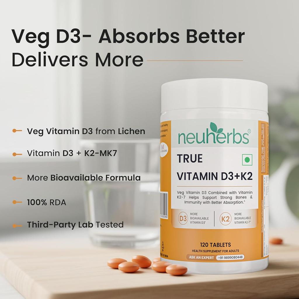 Neuherbs Vitamin D3 K2 Supplements For Bone Strength Support and Daily Immunity Booster For Men and Women 120 Tablets