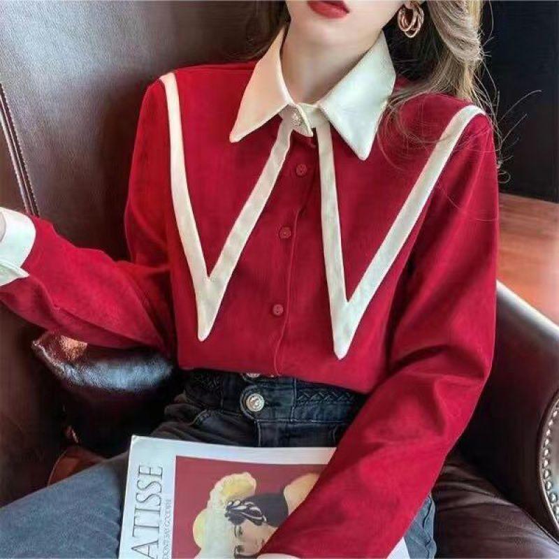 Vintage Chiffon Shirts Women Elegant Patchwork Long Sleeve Blouses Office Lady Korean Black Turn Down Collar Casual Tops