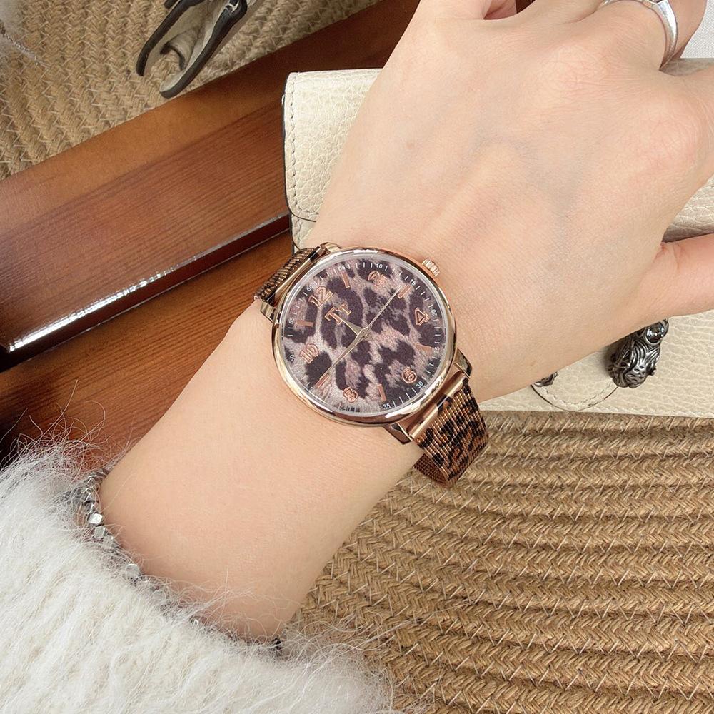 Tianta Fashion Rose Gold Leopard Print Watch Female Niche Wheat Ear Leopard Print Mesh Belt Personalized Large Dial