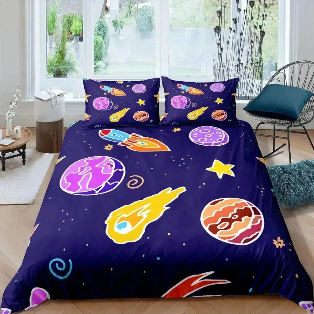 Rocket Duvet Cover Set King Size Spaceship Bedding Set Twin Microfiber Outer Space Galaxy Stars Planet Cartoon Style Quilt Cover