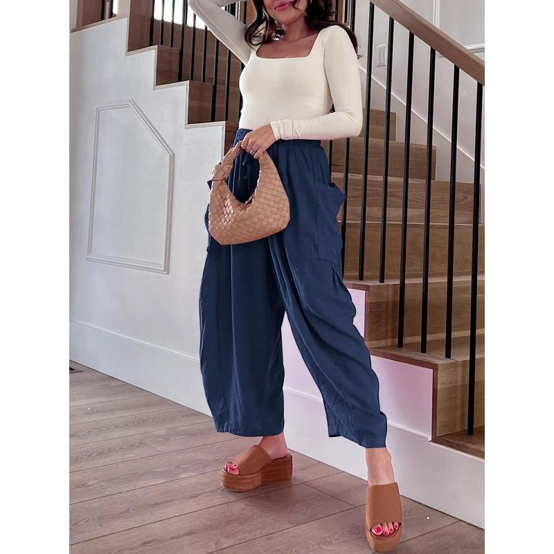 Women Casual High Waist Elastic Pleated Wide Leg Beach Cropped Trousers