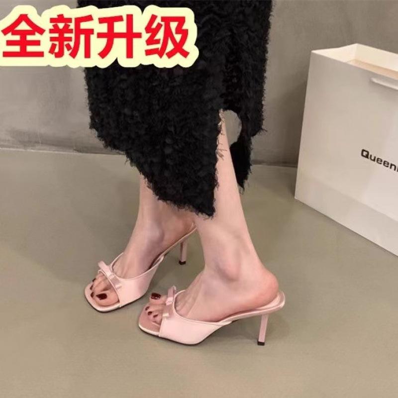2025 New One-word Strap Open-toed High Heels Women's Shoes Banquet Solid Color Sandals Summer French Temperament Bow